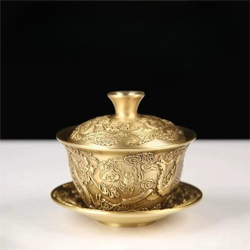 Vintage Collectible Furniture - ヴィンテージ真鍮エンボス加工ドラゴンフェニックスボウルコレクション家庭用カンフー醸造器具関連ホリデークラフトプレゼント
