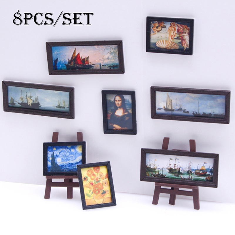 Vintage Toy Collector - 8 ピース/セット 1:12 ドールハウスミニチュアヴィンテージ油絵壁画写真壁絵シーンの装飾ドールハウスアクセサリー