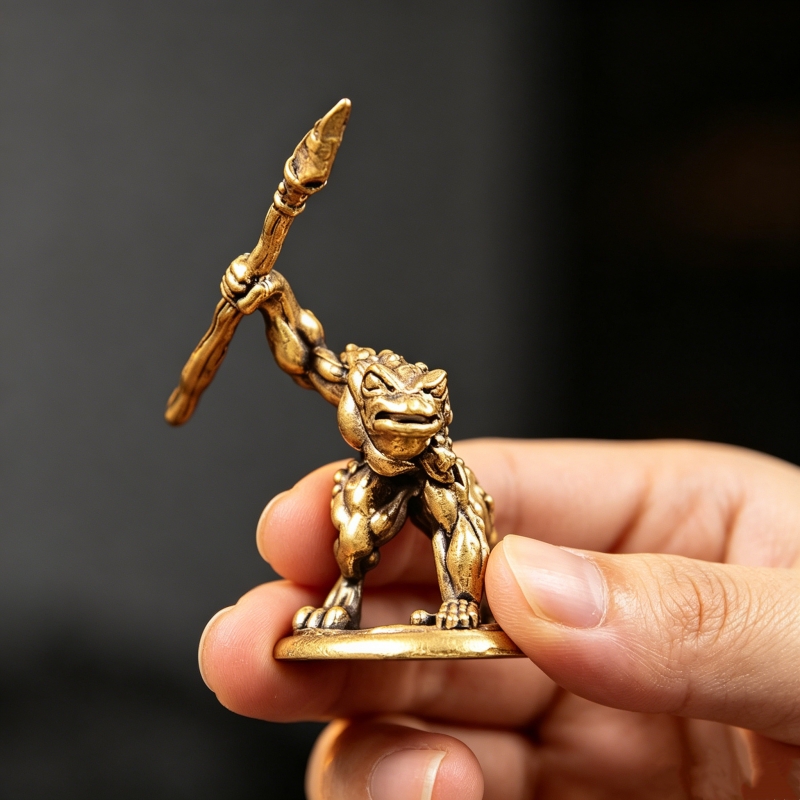 Vintage Collectible Furniture - ヴィンテージ真鍮製カエル戦士フィギュア、槍を持ったカエル兵士像、ミニファンタジーデスクオーナメント、コレクターズアイテム、ホームオフィスデコレーションギフト